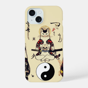 COQUE iPhone 15 CHATS SAMOURAÏS À TATOUAGES DE CRÂNE, SQUELETTE ET