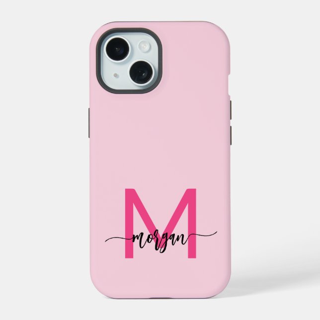 Coque iPhone 15 Chaud rose moderne Script Girl Monogramme Nom (Verso)