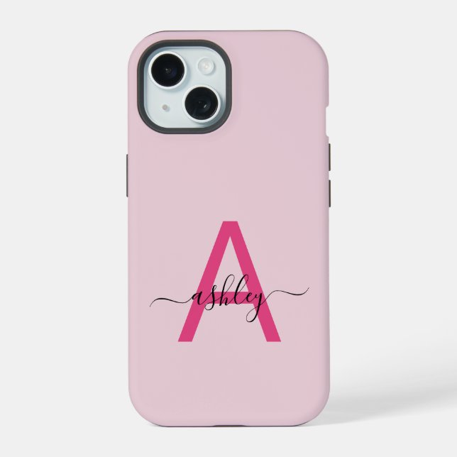 Coque iPhone 15 Chaud rose moderne Script Girl Monogramme Nom (Verso)