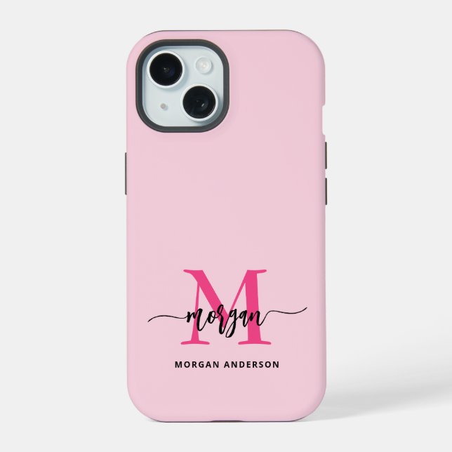 Coque iPhone 15 Chaud rose moderne Script Girl Monogramme Nom (Verso)