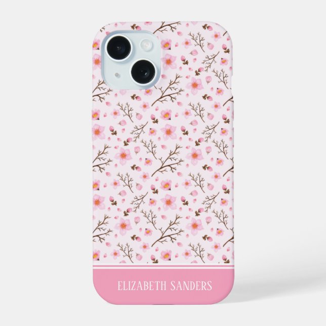 Coque iPhone 15 Cherry Blossom Pattern in pink tones (Verso)