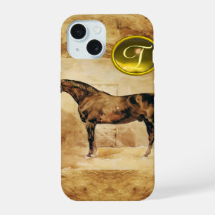 COQUE iPhone 15 CHEVAL ANGLAIS DANS ÉCURIE PARCHEMIN BRUN MONOGRAM