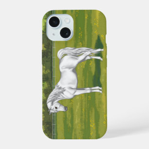 Coque iPhone 15 Cheval arabe égyptien blanc en pâture estivale