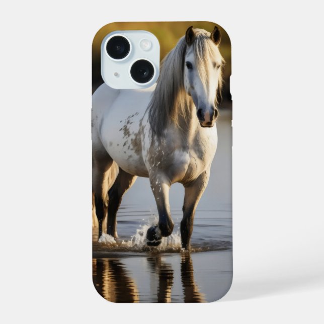 Coque iPhone 15 Cheval blanc dans le lac (Verso)