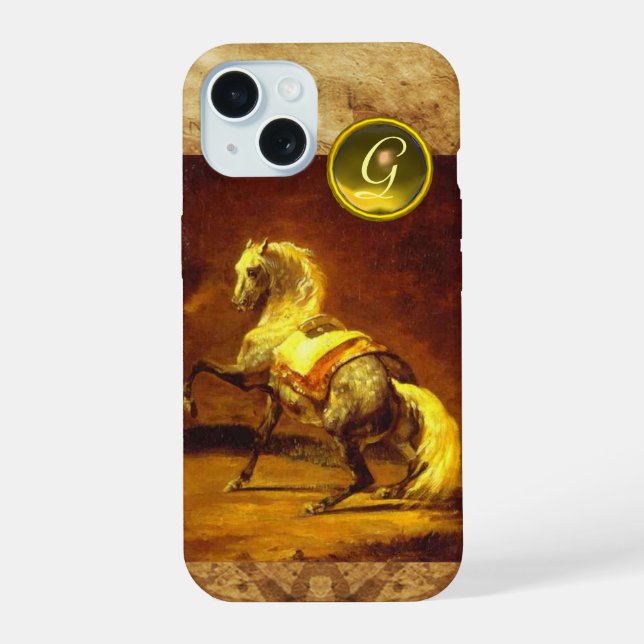 COQUE iPhone 15 CHEVAL GRIS TACHETÉ MONOGRAMME (Verso)