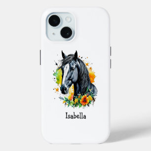 Coque iPhone 15 Cheval noir entouré de fleurs Personnalisé 