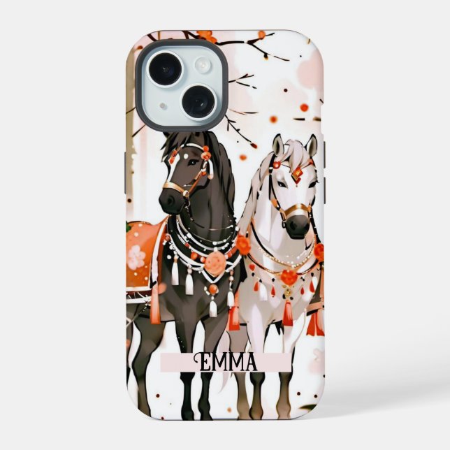 Coque iPhone 15 Chevaux dans une forêt rouge Nom personnalisé (Verso)