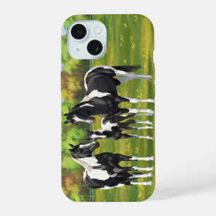 Coque iPhone 15 Chevaux Quarter Horse Paint Pinto Noirs En Pâturag