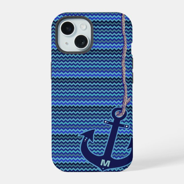 Coque iPhone 15 chevron bleu marine ancre (Verso)