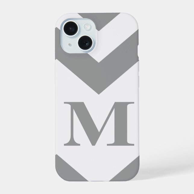 Coque iPhone 15 Chevron gras gris avec monogramme (Verso)