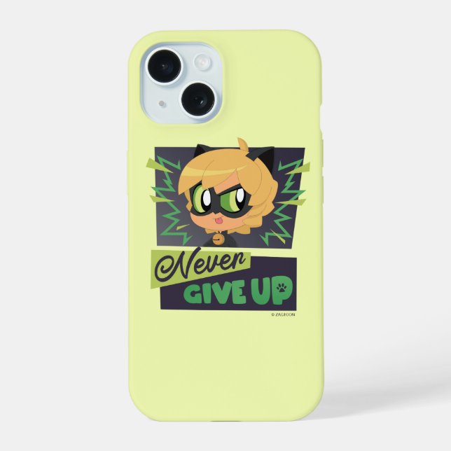 Coque iPhone 15 Chibi Chat Noir N'abandonne Jamais (Verso)