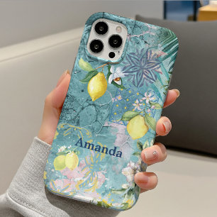 Coque iPhone 15 Chic Bleu Turquoise Floral Citron Sicilien