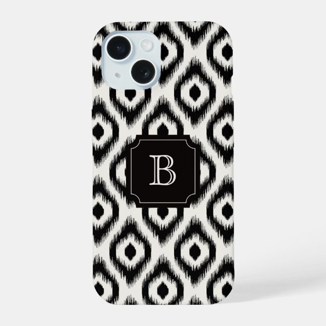 Coque iPhone 15 Chic chic noir diamant ivoire Ikat Monogramme (Verso)