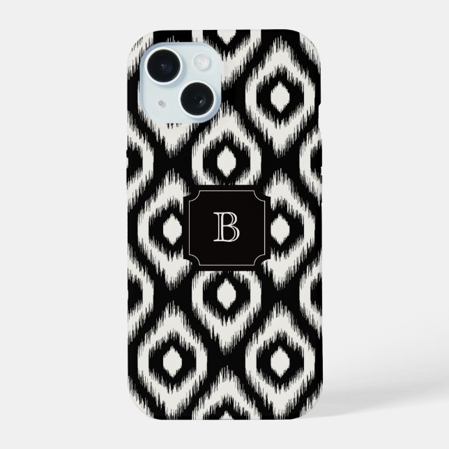 Coque iPhone 15 Chic chic noir diamant ivoire Ikat Monogramme (Verso)