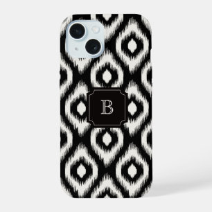 Coque iPhone 15 Chic élégant Ivoire noir Diamant Ikat Monogramme