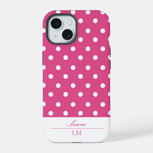 Coque iPhone 15 Chic et féminin Rose et Blanc Points Forts (Verso)