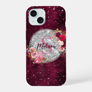 Coque iPhone 15 Chic faux paillettes argent monogramme floral bord