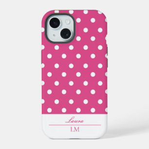 Coque iPhone 15 Chic fille rose et Pois blancs dur