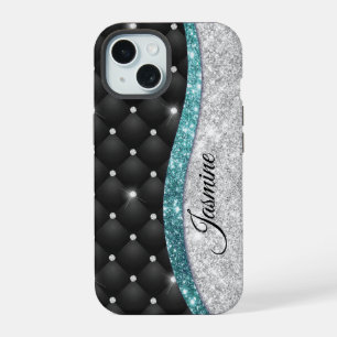 Coque iPhone 15 Chic girly faux parties scintillant argent noir tu