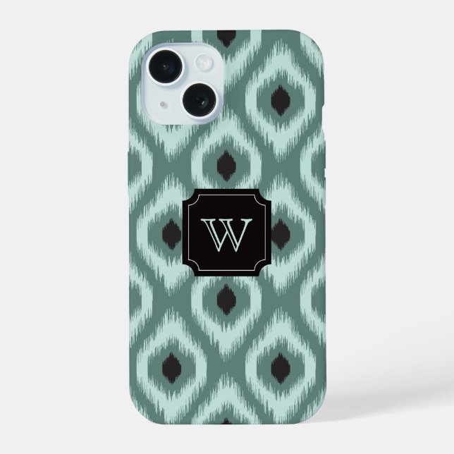 Coque iPhone 15 Chic Ikat de Luxe Noir Menthe Diamant Monogramme (Verso)