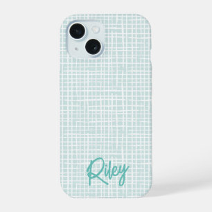 Coque iPhone 15 Chic Moderne Pale Aqua Turquoise Main Tirée Nom du