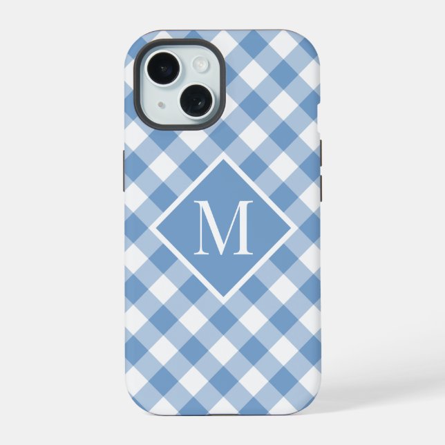 Coque iPhone 15 Chic Monogramme Bleu clair En vichy chèque (Verso)