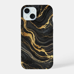 Coque iPhone 15 Chic noir et or métallisé aspect marbre Glamour