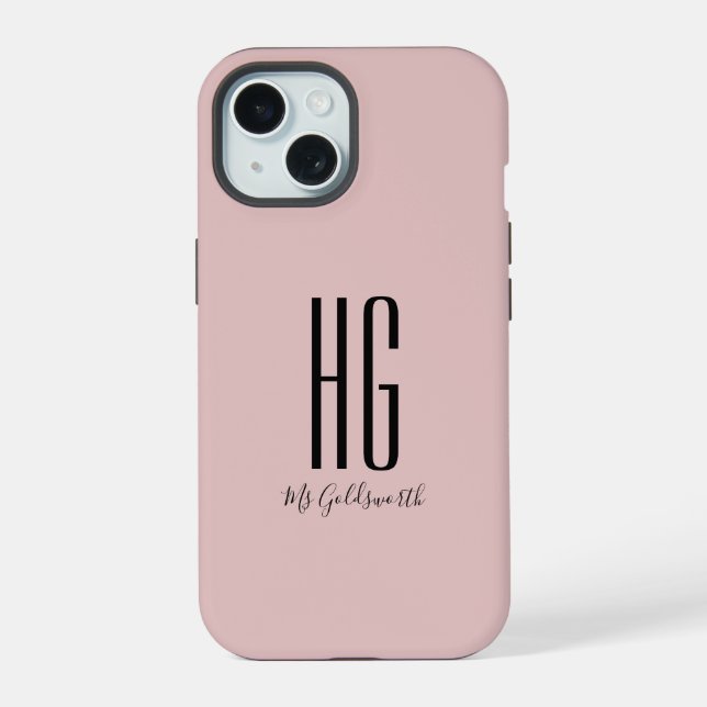 Coque iPhone 15 Chic Nom Monogramme Dusty Blush Rose (Verso)