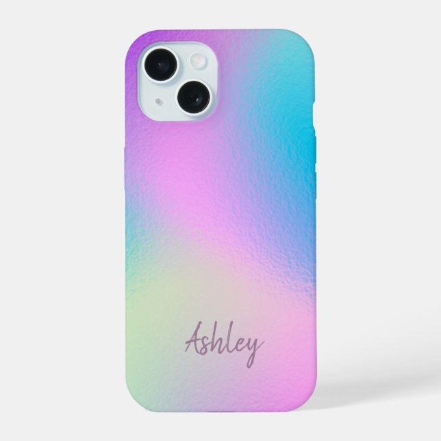 Coque iPhone 15 Chic Pastel Holographic Personalized Name (Verso)