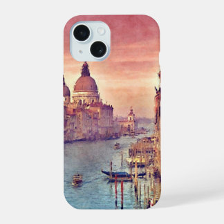 Coque iPhone 15 Chic Vintage Canal de Venise Pastel Aquarelle Art