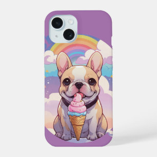 Coque iPhone 15 Chien Bouledogue Français Mignon Glace Arc-en-ciel