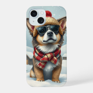 Coque iPhone 15 Chien cool dans l'attirail hivernal et Casquette d