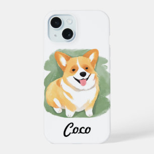 Coque iPhone 15 Chien Corgi   Nom personnalisé aquarelle mignonne
