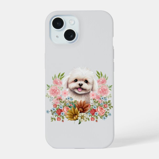 Coque iPhone 15 Chien maltais aux fleurs, Chien maltais mignon (Verso)