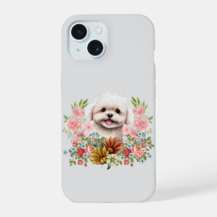 Coque iPhone 15 Chien maltais avec des fleurs, adorable chiot malt