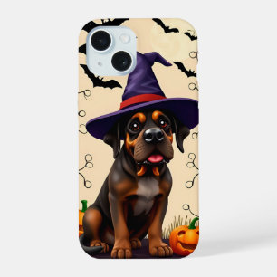 Coque iPhone 15 Chien mignon avec chapeau de sorcière