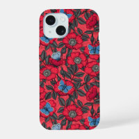 Chien rose et papillons en rouge et bleu