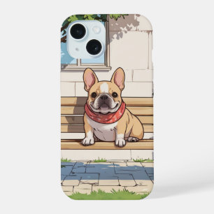 Coque iPhone 15 Chien-taureau français sur un banc
