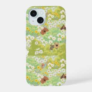 Coque iPhone 15 Chiens mignons avec motif sans couture de fleurs d