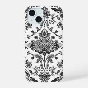 Coque iPhone 15 Chinoiserie Florale Aquarelle Noir & Blanc