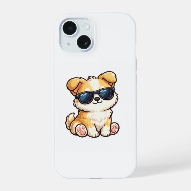 Coque iPhone 15 Chiot Mignon avec Lunettes de Soleil Design Kawaii (Verso)