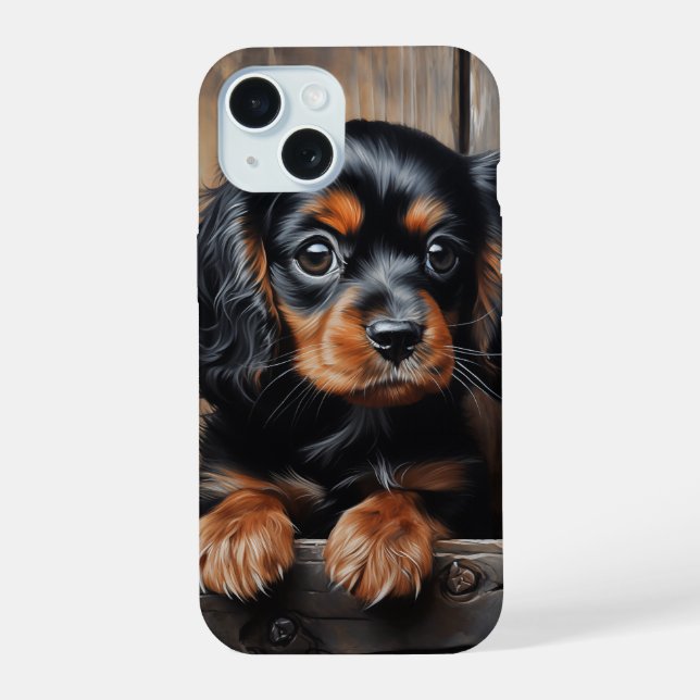 Coque iPhone 15 Chiot noir et tan Cavalier (Verso)