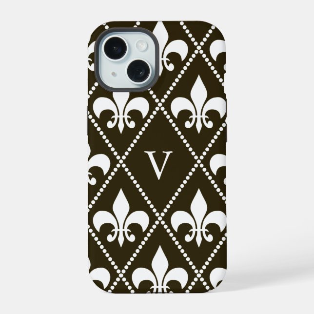 Coque iPhone 15 Chocolat Fleur de Lis avec monogramme (Verso)