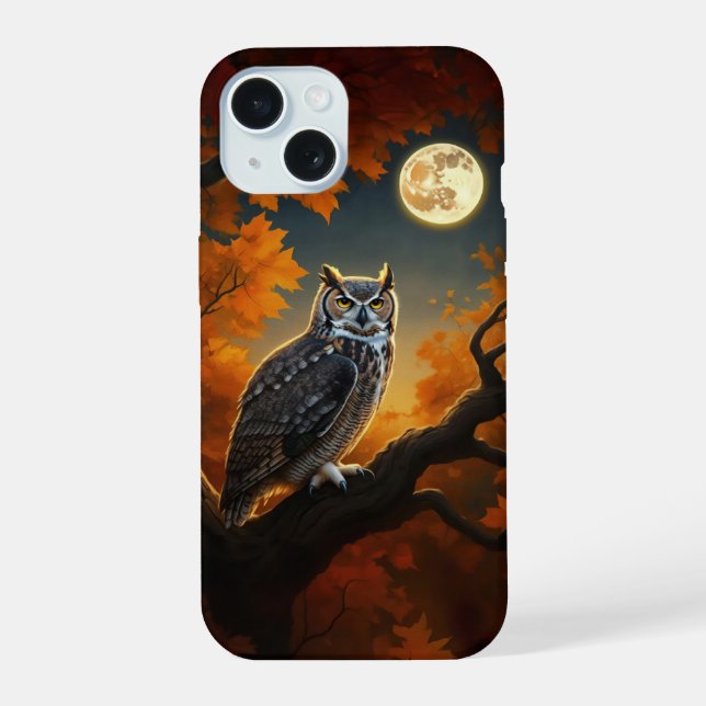 Coque iPhone 15 Chouette à cornes en automne (Verso)