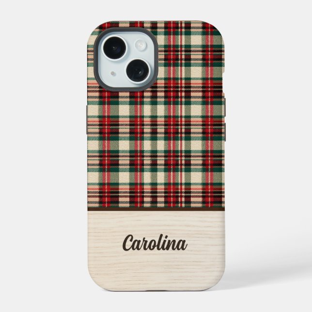 Coque iPhone 15 Christmas Plaid Phone Case | Personalized Name (Verso)