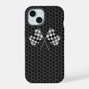Coque iPhone 15 Chrome Racing drapeaux sur Honeycombs
