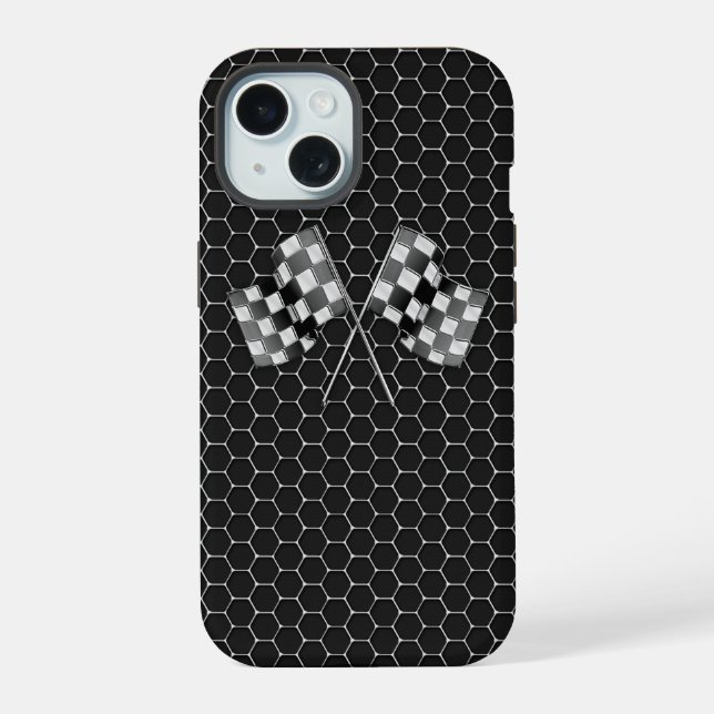 Coque iPhone 15 Chrome Racing drapeaux sur Honeycombs (Verso)