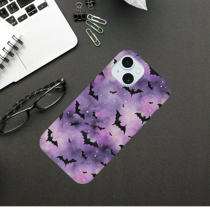 Coque iPhone 15 Ciel d'Halloween violet avec chauves-souris - Éffr
