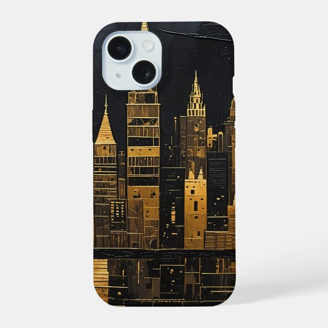 Coque iPhone 15 Ciel urbain doré à minuit (Verso)