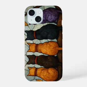 Coque iPhone 15 Cinq chats sur une branche d'arbre de style vitrai